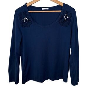Chloe Navy Long Sleeve Scoop Neck Top with Beaded Floral Appliqués